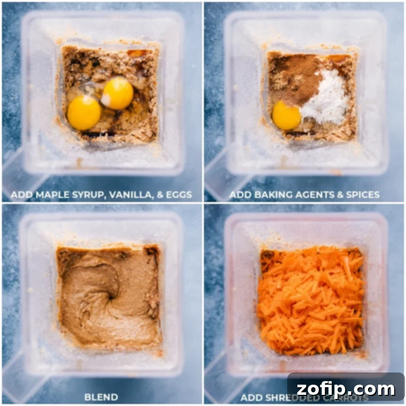 Creating Healthy Carrot Muffins: Blending wholesome ingredients for a dairy-free, gluten-free, and refined sugar-free treat. Process shots of Healthy Carrot Muffins showing pure maple syrup, vanilla extract, eggs, baking agents, a blend of spices, and freshly grated carrots being added to a high-speed blender, illustrating the simple preparation.