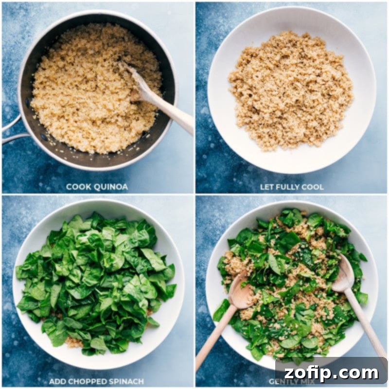 A step-by-step visual of preparing the quinoa salad: cooking quinoa, cooling it on a sheet pan, coarsely chopping spinach, and finally adding the fresh spinach to the cooled quinoa in a bowl.