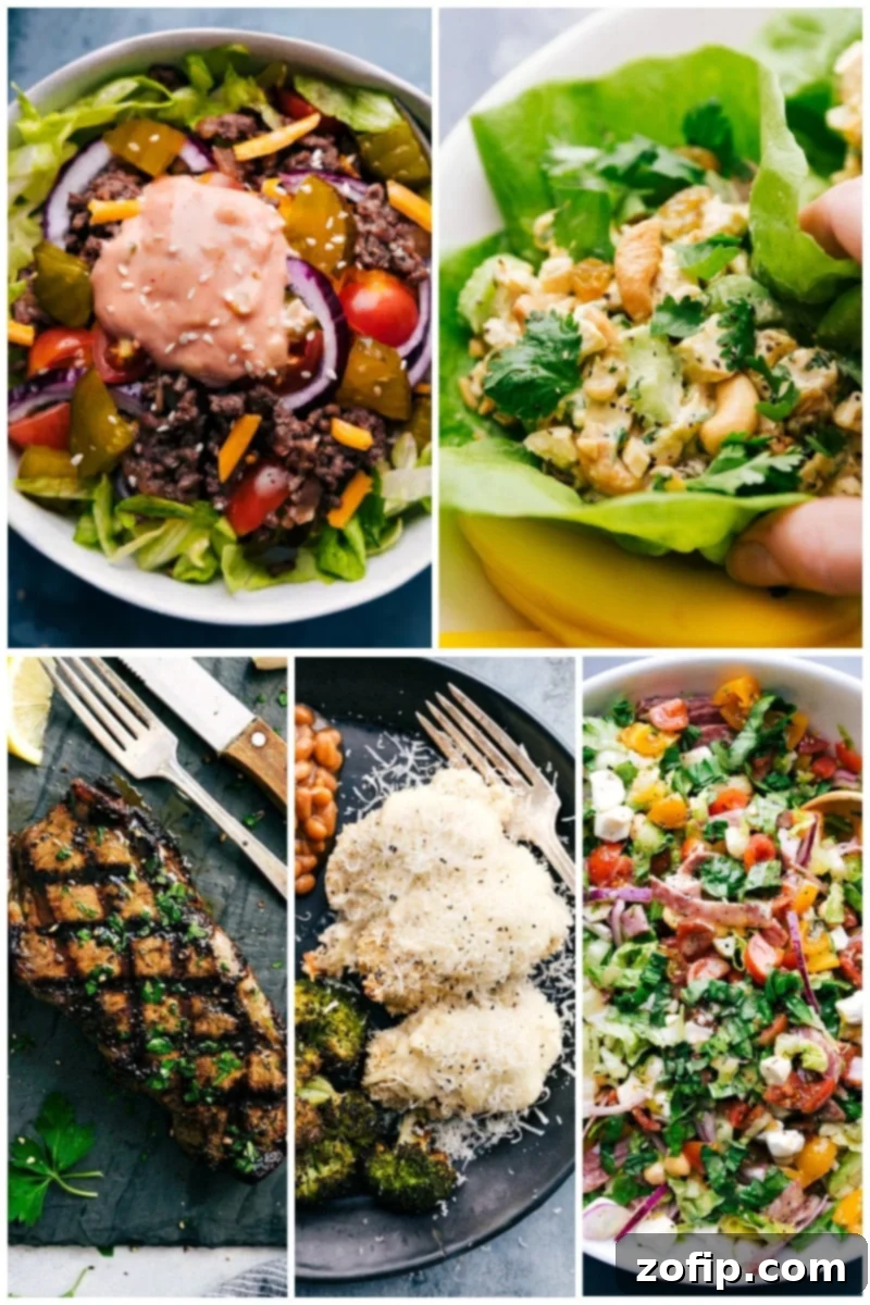 More delicious Keto recipe ideas for your low-carb lifestyle. Second collage of appetizing Keto recipes, featuring bowls and main dishes.