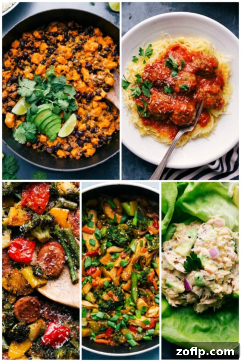 More Keto friendly recipes that are easy to prepare and delicious. Sixth collage of healthy and appealing Keto recipes, including skillet meals.