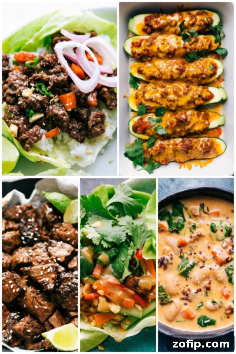 More appealing Keto dinner and lunch ideas. Seventh collage of Keto meals, including various wraps and hearty dishes.