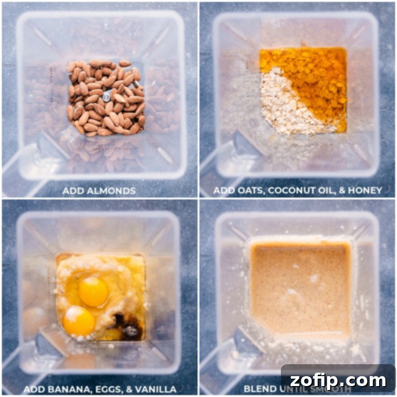 Process shot showing all wet and dry ingredients being added to a blender for the healthy banana cake batter.