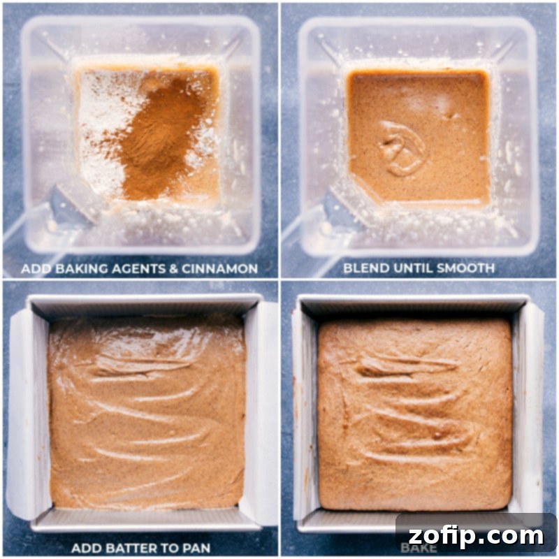 Process shot showing baking agents and cinnamon added to the blender with the banana cake batter, followed by blending until smooth, and finally pouring batter into a baking pan.