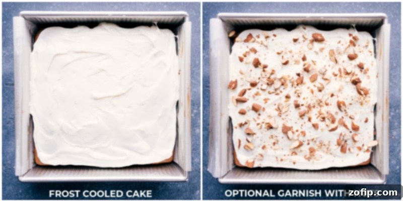 Healthy Banana Cake frosted with cream cheese frosting and topped with optional chopped almonds and banana chips.