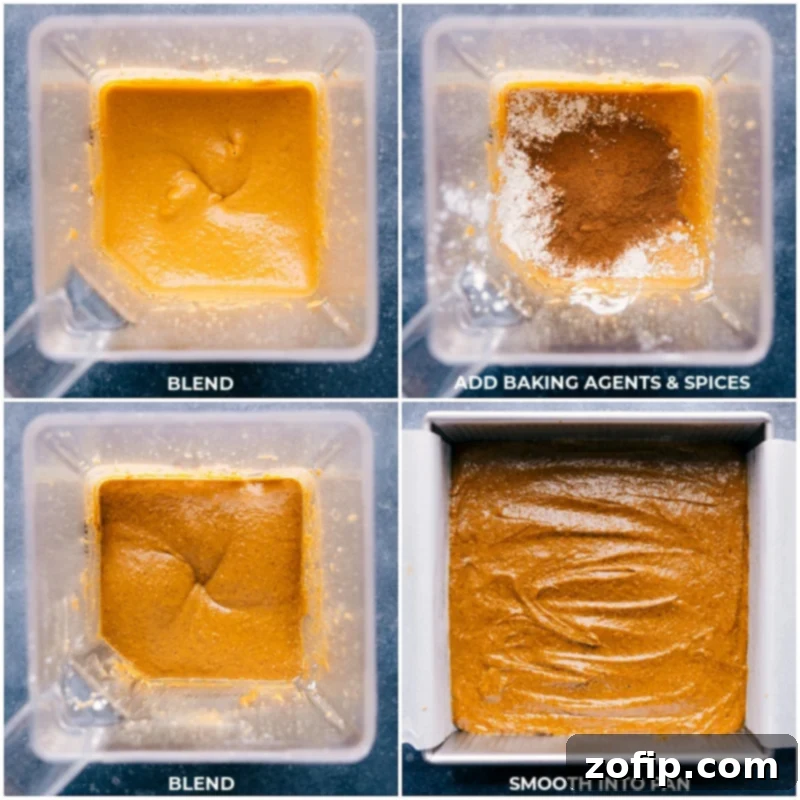 This Healthy Pumpkin Cake delivers an explosion of flavor and a perfectly moist texture, and it couldn't be easier to make – just blend everything together! Recipe via ChelseasMessyApron #dessert #best #quick #easy #simple #clean #cleaneating #familyfriendly #kidfriendly #healthy #pumpkin #cake Process shots depicting baking agents and spices being added to the blender, followed by the smooth batter being poured into a prepared baking pan.