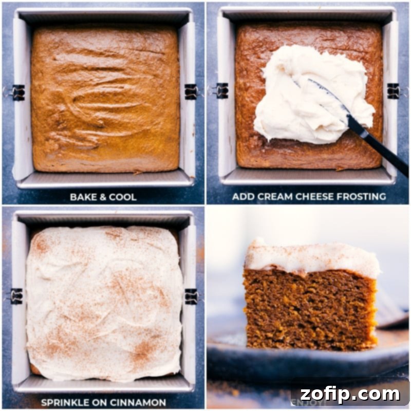 Our favorite Healthy Pumpkin Cake delivers an explosion of flavor and a perfectly moist texture, and it couldn't be easier to make – just blend everything together! Pour the batter into a pan, bake, and be prepared to enjoy this tasty seasonal treat. This cake (without the frosting) is naturally gluten-free, dairy-free, and refined sugar-free. Recipe via ChelseasMessyApron #dessert #best #quick #easy #simple #clean #cleaneating #familyfriendly #kidfriendly #healthy #pumpkin #cake Process shots demonstrating the healthy pumpkin cake cooling on a wire rack, followed by the application of cream cheese frosting.