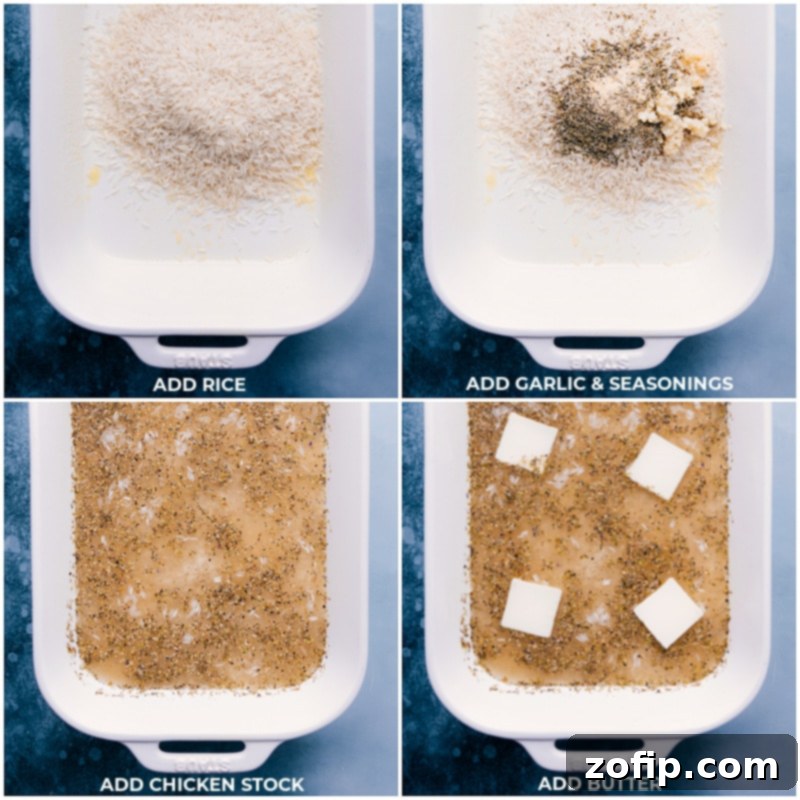 Preparing Ingredients for Baked Lemon Rice A 9x13 inch baking dish filled with uncooked basmati rice, minced garlic, a variety of seasonings, rich chicken stock, and pats of unsalted butter, ready for baking.