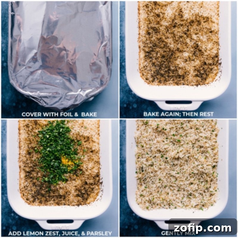 Mixing Fresh Herbs into Delicious Baked Lemon Rice Baked lemon rice, freshly removed from the oven, being gently fluffed with a fork and mixed with vibrant lemon zest, fresh lemon juice, and finely chopped parsley.