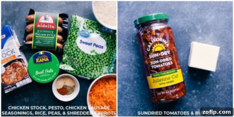 A flat lay of all the fresh and wholesome ingredients needed for making One-Pan Pesto Rice.