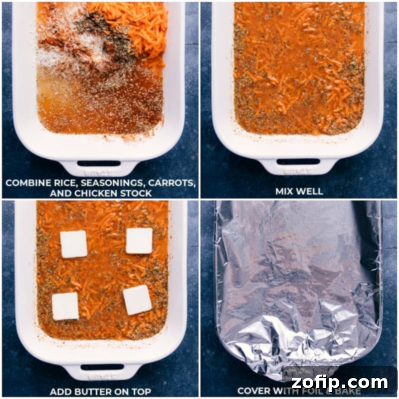 Step-by-step process of mixing Pesto Rice ingredients, adding butter, and covering for baking.