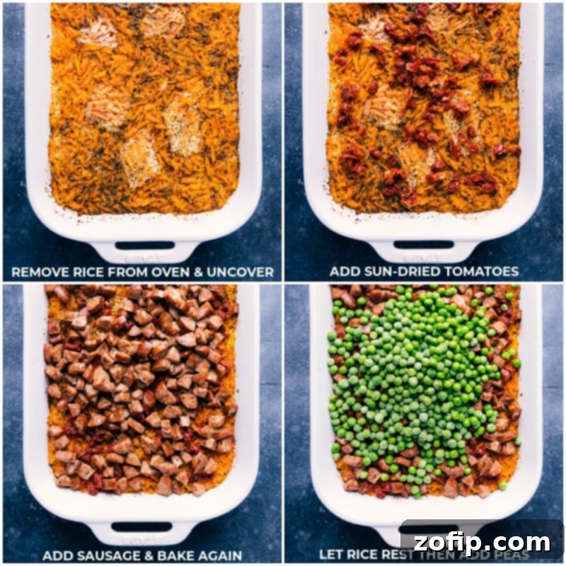 Second stage of One-Pan Pesto Rice baking: removing foil, adding sun-dried tomatoes and sausage, baking uncovered, then resting with peas.