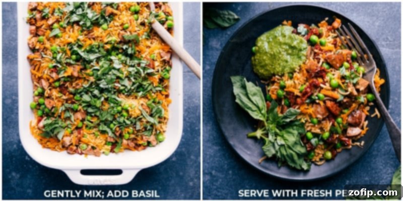 Final steps for Pesto Rice: mixing in fresh basil and serving with extra pesto on the side for ultimate flavor.