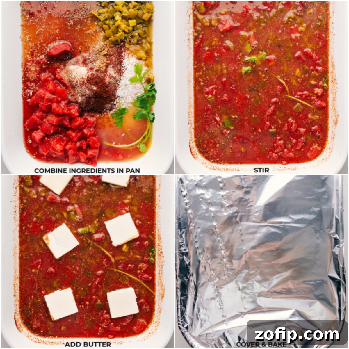 All the combined ingredients for this quick and simple Mexican Rice Recipe, mixed together in a ceramic baking dish, ready to be placed into the oven.