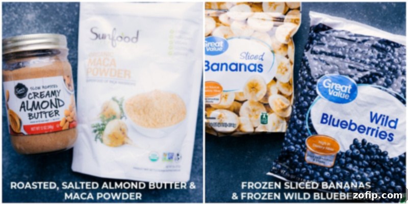 A curated selection of fresh and frozen ingredients used to make the Chocolate Blueberry Smoothie, including blueberries, bananas, kale, spinach, dates, almond butter, and cocoa powder.