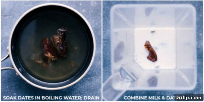 Step-by-step process shots showing dates being soaked to soften and then added to a blender with milk.