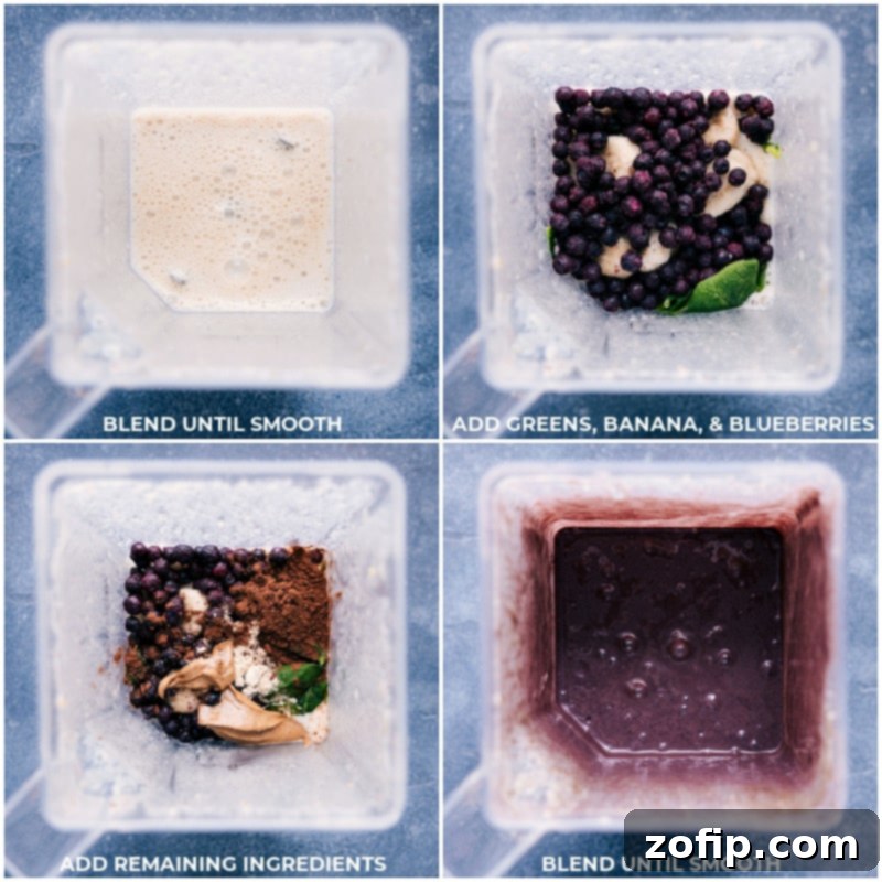 Process shots demonstrating the blending of ingredients to create the Chocolate Blueberry Smoothie, showing a blender filled with colorful ingredients.