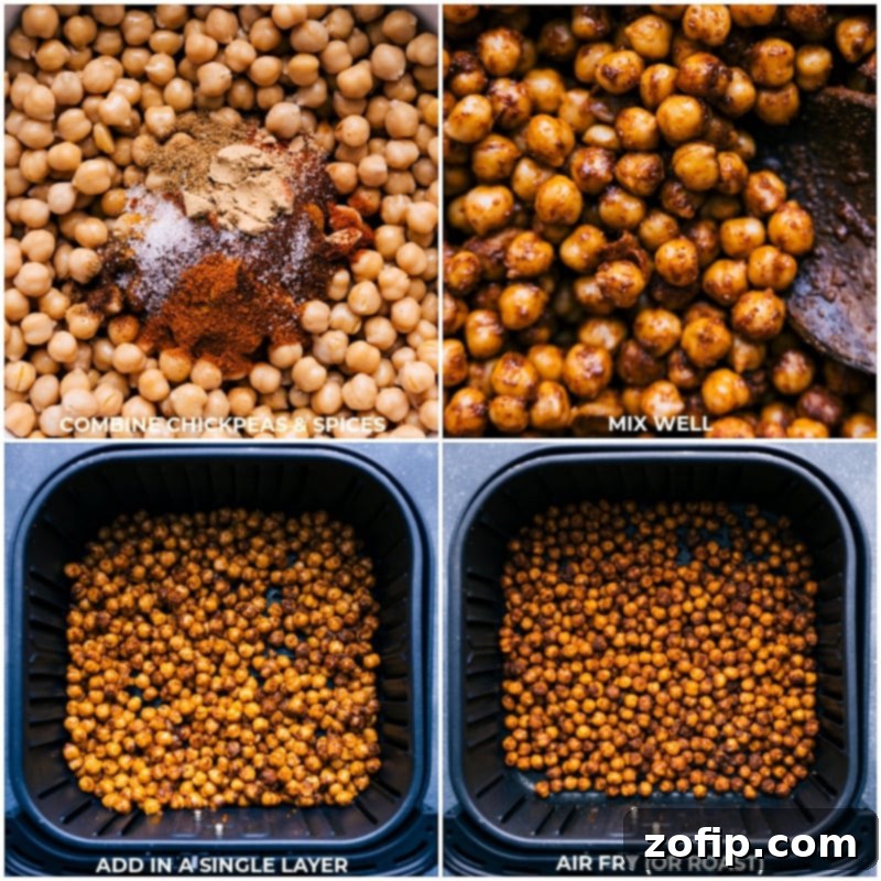 Preparation of Indian-Spiced Chickpeas for Vegetarian Tikka Masala Wraps Process shots showing chickpeas being tossed with oil and Indian spices in a bowl, then cooked to a crispy texture in an air fryer.