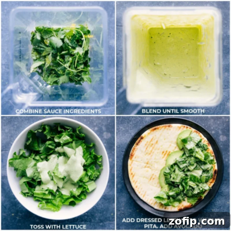 Crafting the Zesty Cilantro-Mint Sauce for Tikka Masala Wraps Process shots illustrating the preparation of the vibrant cilantro-mint sauce in a food processor, highlighting its creamy texture.