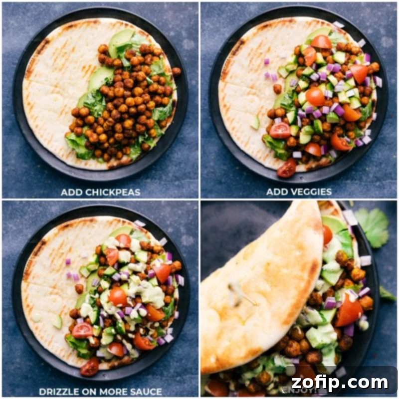 Assembling the Perfect Vegetarian Tikka Masala Wrap A close-up view of the Tikka Masala Wrap assembly, with chickpeas, veggies, and sauce being added to a pita, ready to be folded and enjoyed.