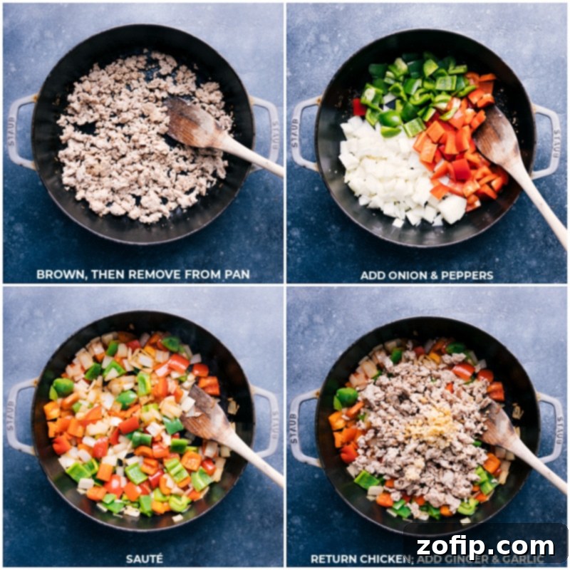 Process shots of Sweet and Sour Chicken Stir-Fry: ground chicken browning in a skillet, followed by colorful chopped bell peppers and onion being sautéed.