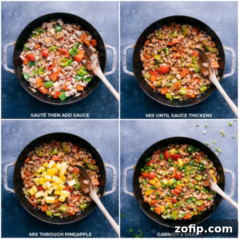 Process shots of Sweet and Sour Chicken Stir-Fry: the sauce being poured into the skillet with cooked chicken and vegetables, followed by fresh pineapple chunks being added to the mixture.