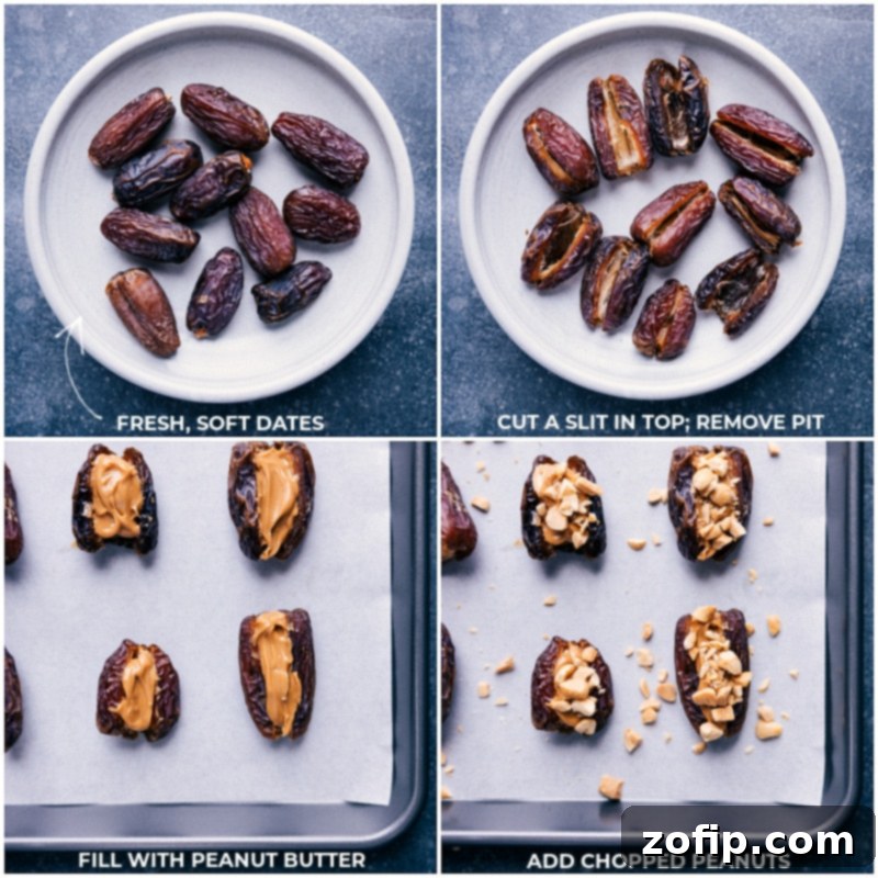 Process shots of preparing Chocolate-Covered Dates: dates being carefully cut open, pitted, and then filled with creamy peanut butter and chopped roasted peanuts.