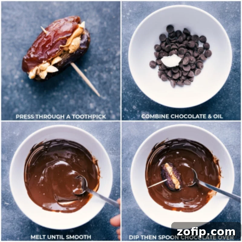 Process shots of dipping Chocolate-Covered Dates: dates being threaded with a toothpick and then submerged in a bowl of rich, melted dark chocolate.