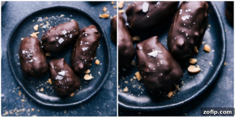 An overhead shot of the finished Chocolate-Covered Dates artfully arranged on a plate, ready to be enjoyed.