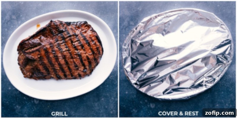 Process shots demonstrating grilled pineapple steak: showing the steak being seared on a hot grill and then covered with foil for resting, highlighting key steps for perfect doneness.