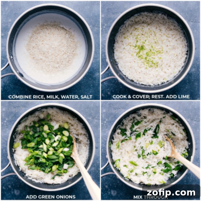 Process images showing the preparation of coconut-lime rice: rice, coconut milk, water, salt, lime juice, and green onions are combined in a pot, highlighting the steps for making this aromatic side dish.