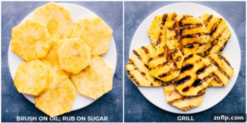 Process shots showing pineapples being grilled on a hot grate, with visible char marks, highlighting the steps for caramelizing the fruit to perfection.