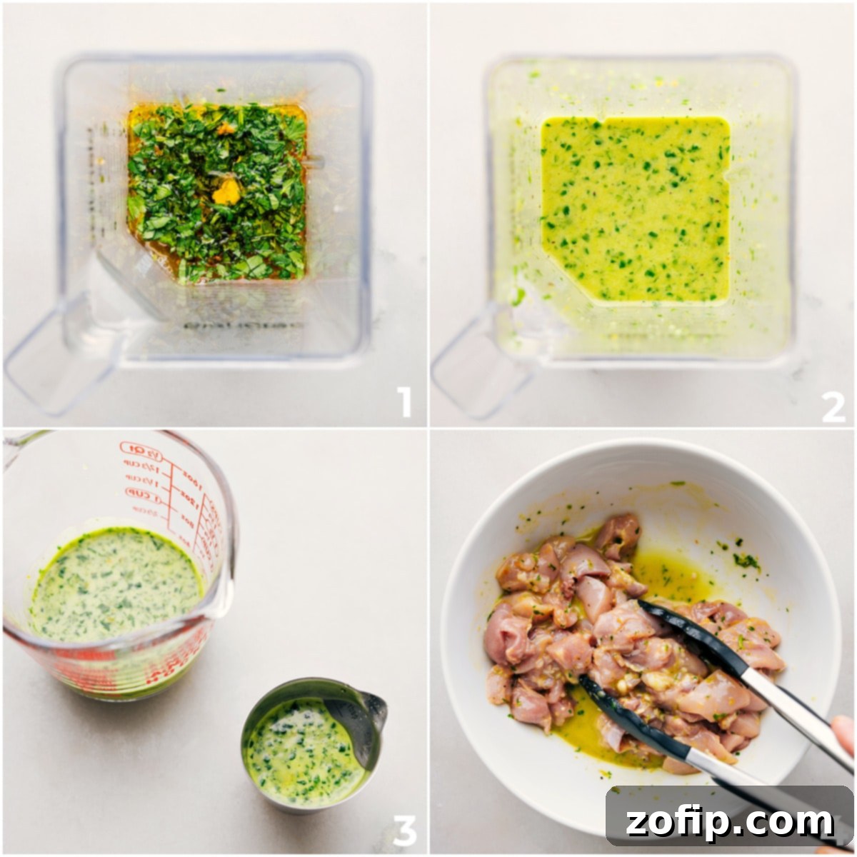 The vibrant citrus chicken marinade being blended in a blender, showing its smooth consistency before being poured over chicken for marinating.