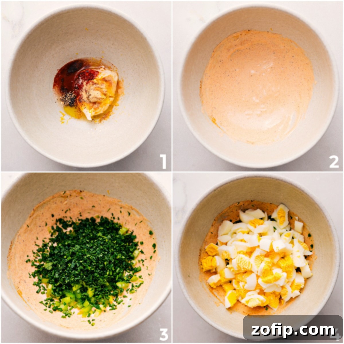 The process of making egg salad: first mixing the creamy dressing, then gently folding in fresh herbs and chopped hard-boiled eggs for a perfect blend.
