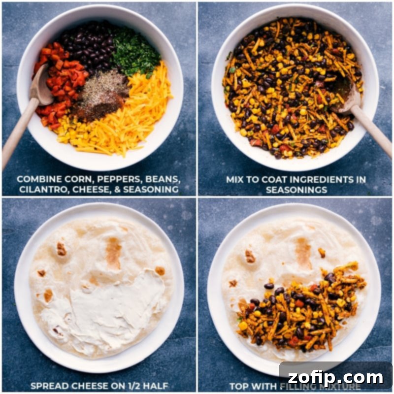 A step-by-step guide to making black bean quesadillas: combining ingredients in a bowl, spreading cheese on a tortilla, and topping with the mixed filling.