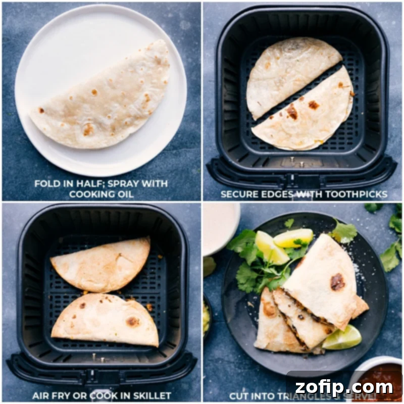 A black bean quesadilla being folded and secured with toothpicks, ready for air frying, and then sliced into quarters after cooking.