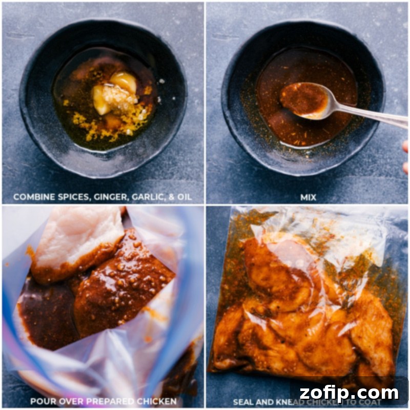 Process shots of Moroccan Chicken marinade being made and added to chicken