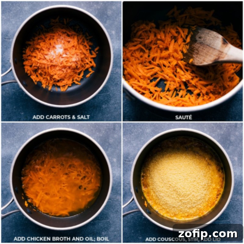 Process shots of couscous being made with carrots, peas, and sauce