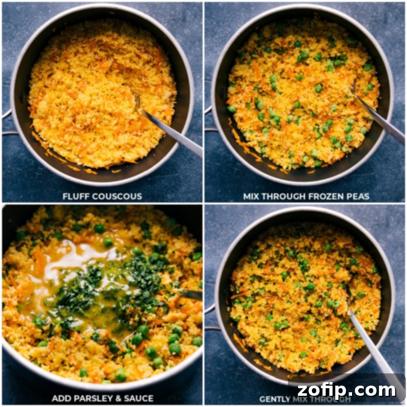 Process shots of the couscous being fluffed, peas, parsley, and sauce being mixed in