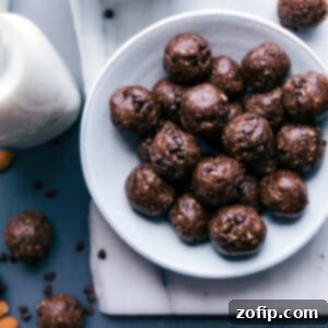 High-Protein Chocolate Bliss Balls 6 Stacked chocolate protein balls, ready to eat