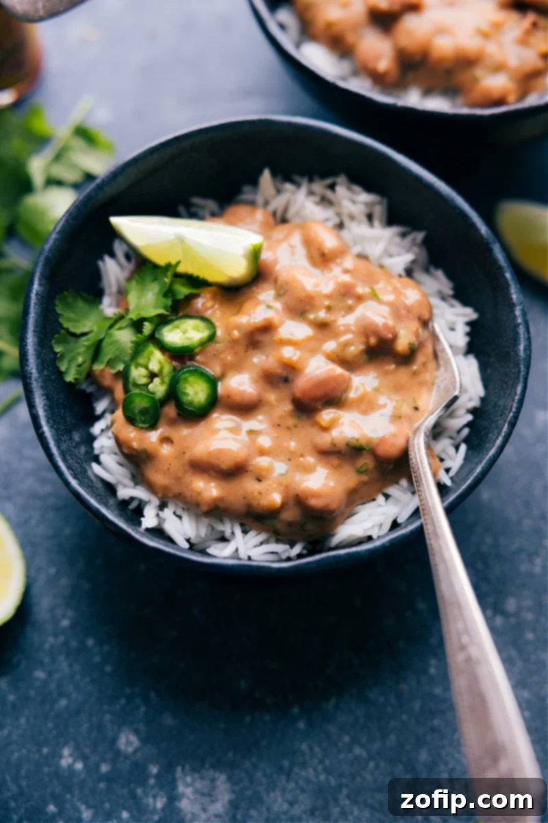 Savory Rice And Beans is a quick 20-minute meal that is hearty, filling, and vegetarian! This recipe is via ChelseasMessyApron and is perfect for dinner, quick and easy, family-friendly, and uses fresh ingredients. Overhead image of Rice and Beans ready to be enjoyed