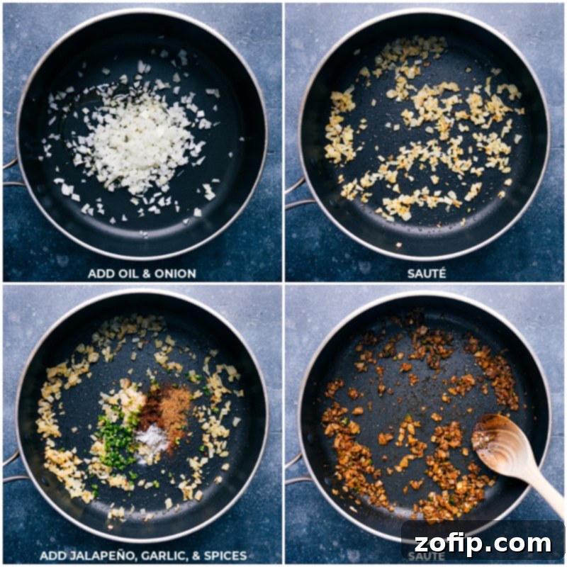 Savory Rice and Beans is a quick 20-minute meal! Recipe via ChelseasMessyApron shows the initial cooking steps for a flavorful base for dinner. Process shots showing oil, onion, jalapeño, garlic, and spices being added and sautéed together for rice and beans