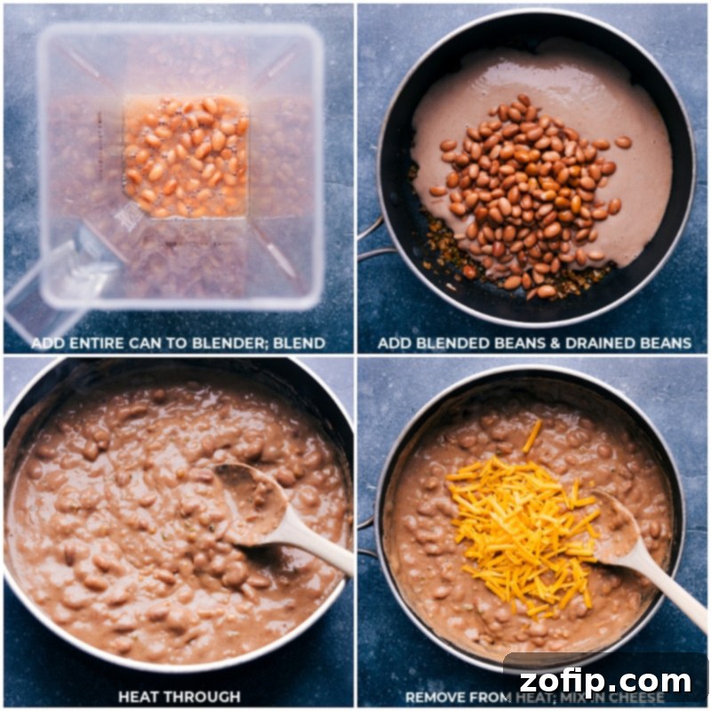 Savory Rice And Beans are the best! Recipe via ChelseasMessyApron shows the steps to create this hearty, filling, and vegetarian meal for dinner. Process shots of rice and beans showing beans being blended, undrained beans being added, cooking, and cheese being added