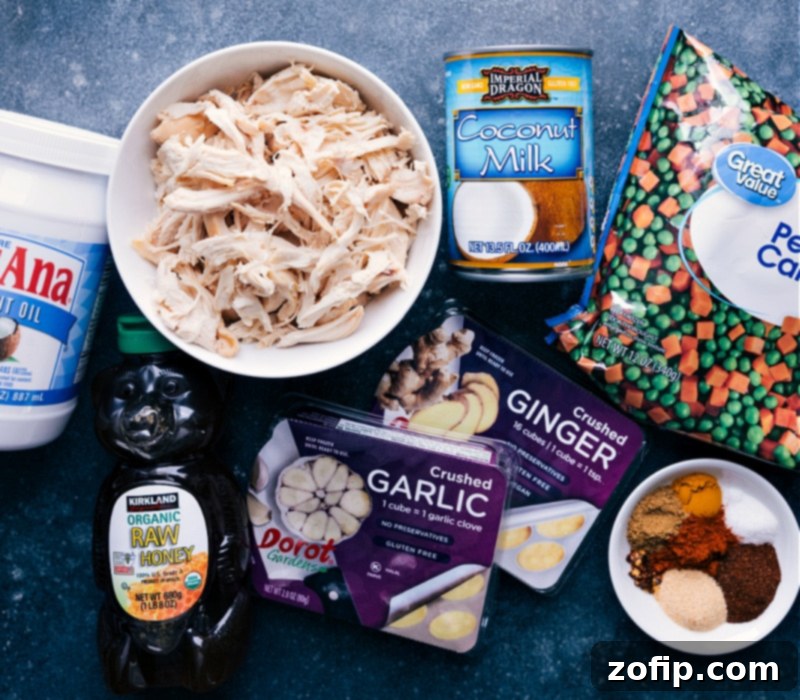 Ingredients for Garam Masala Chicken laid out: spices, coconut milk, chicken, peas, carrots, garlic, ginger.