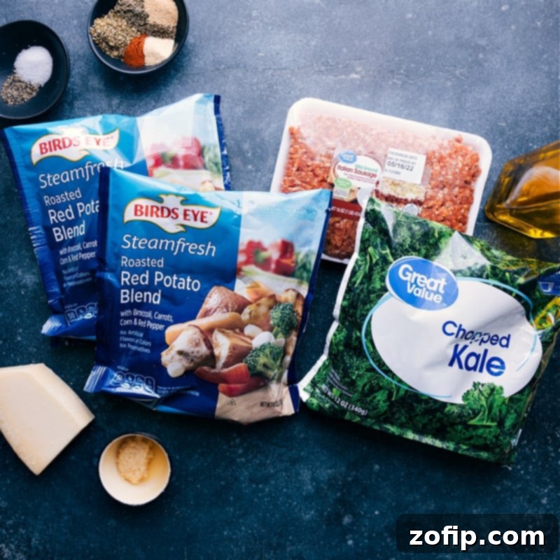 Ingredients for Sausage and Veggie Skillet including ground Italian sausage, frozen vegetable blends, and fresh Parmesan cheese