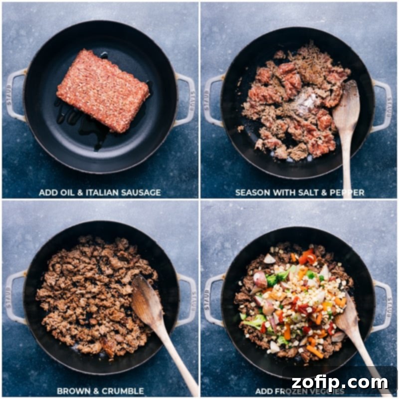 Process shot: Italian sausage browning in a cast-iron pan with salt and pepper, ready for vegetables to be added