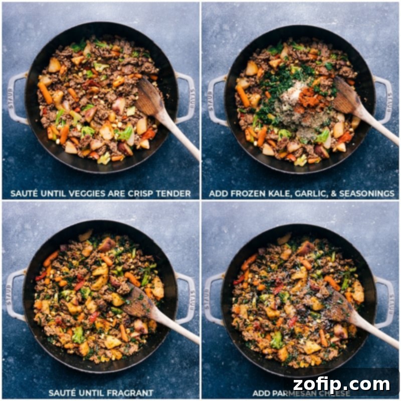 Process shot: adding frozen kale, garlic, and seasoning to the sautéed sausage and vegetables in a skillet, stirring to combine