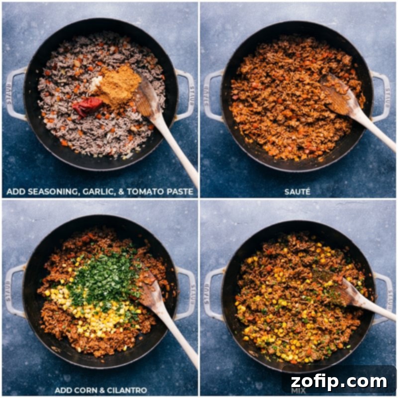 Process images showing the preparation of the quesadilla filling: ground beef browning, then seasonings, garlic, tomato paste, corn, and fresh cilantro being added and mixed, creating a rich and aromatic blend.