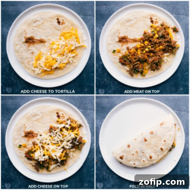 A visual guide to assembling Ground Beef Quesadillas: cheese is first sprinkled on a tortilla, followed by a generous layer of the seasoned meat, and finally, another layer of cheese, ready to be folded and cooked.