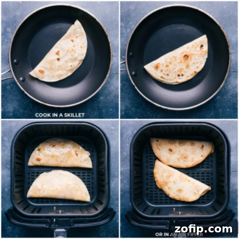 Comparison process shots showing Ground Beef Quesadillas cooking: one in a non-stick skillet over medium heat, and another inside an air fryer basket, both achieving a perfect golden crisp.
