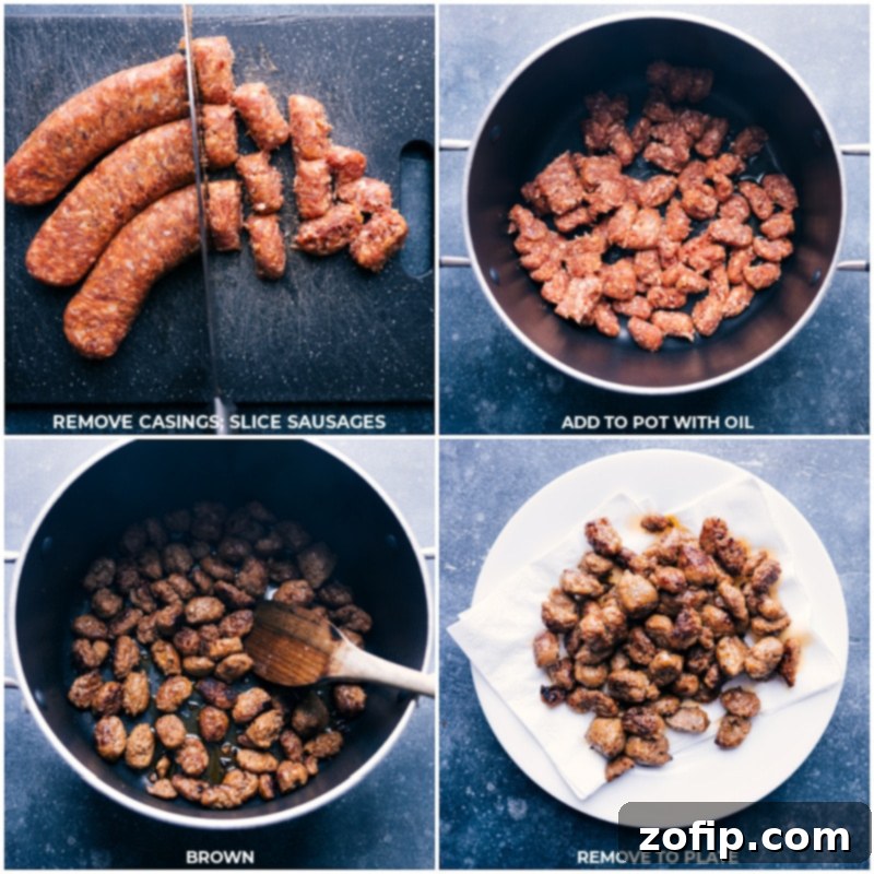 Process shots showing Italian sausage being sliced into coins and browned in a large pot for quick meatballs.